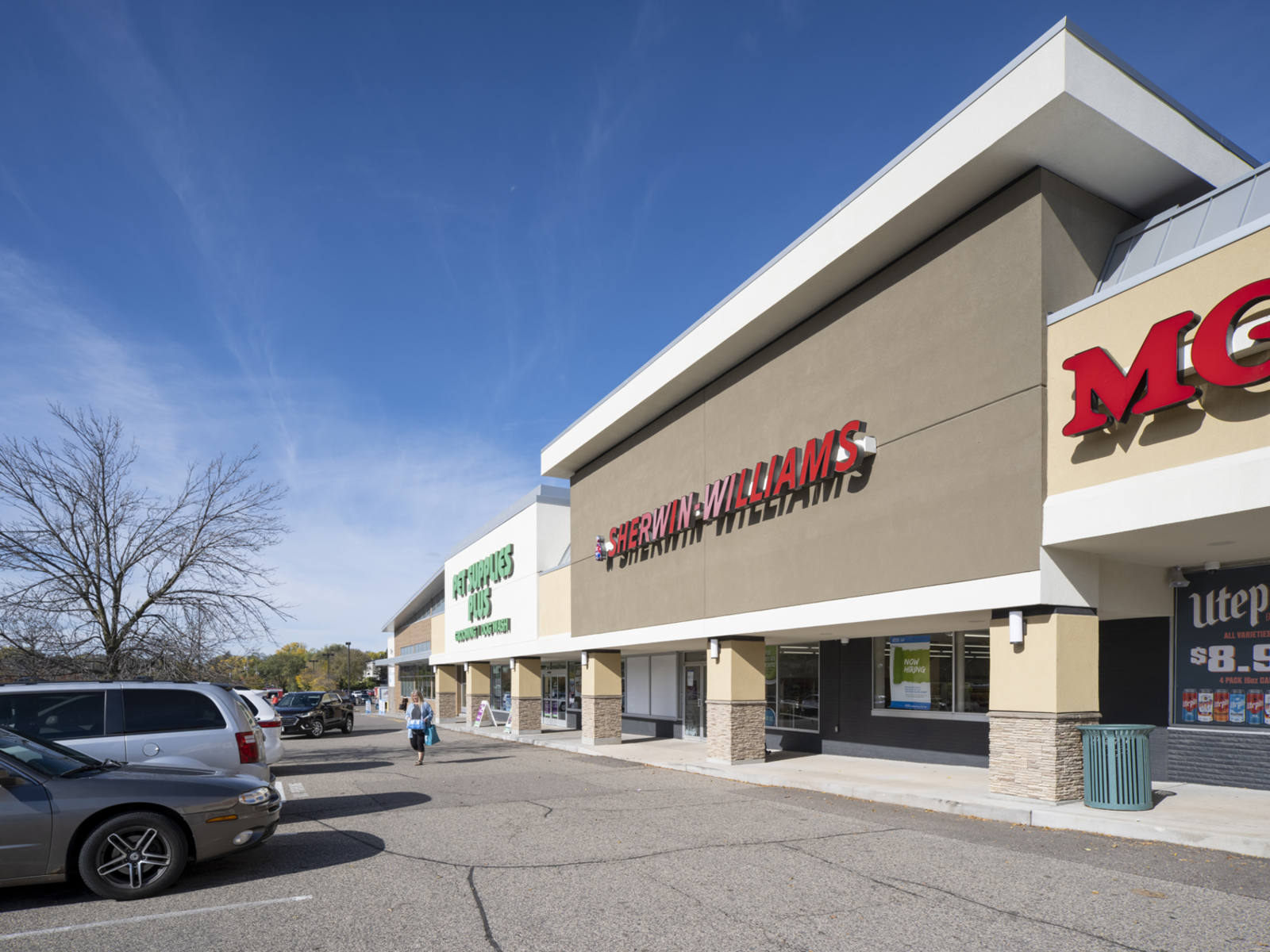 Front exterior of Sherwin Williams on a clear day at outdoor shopping center