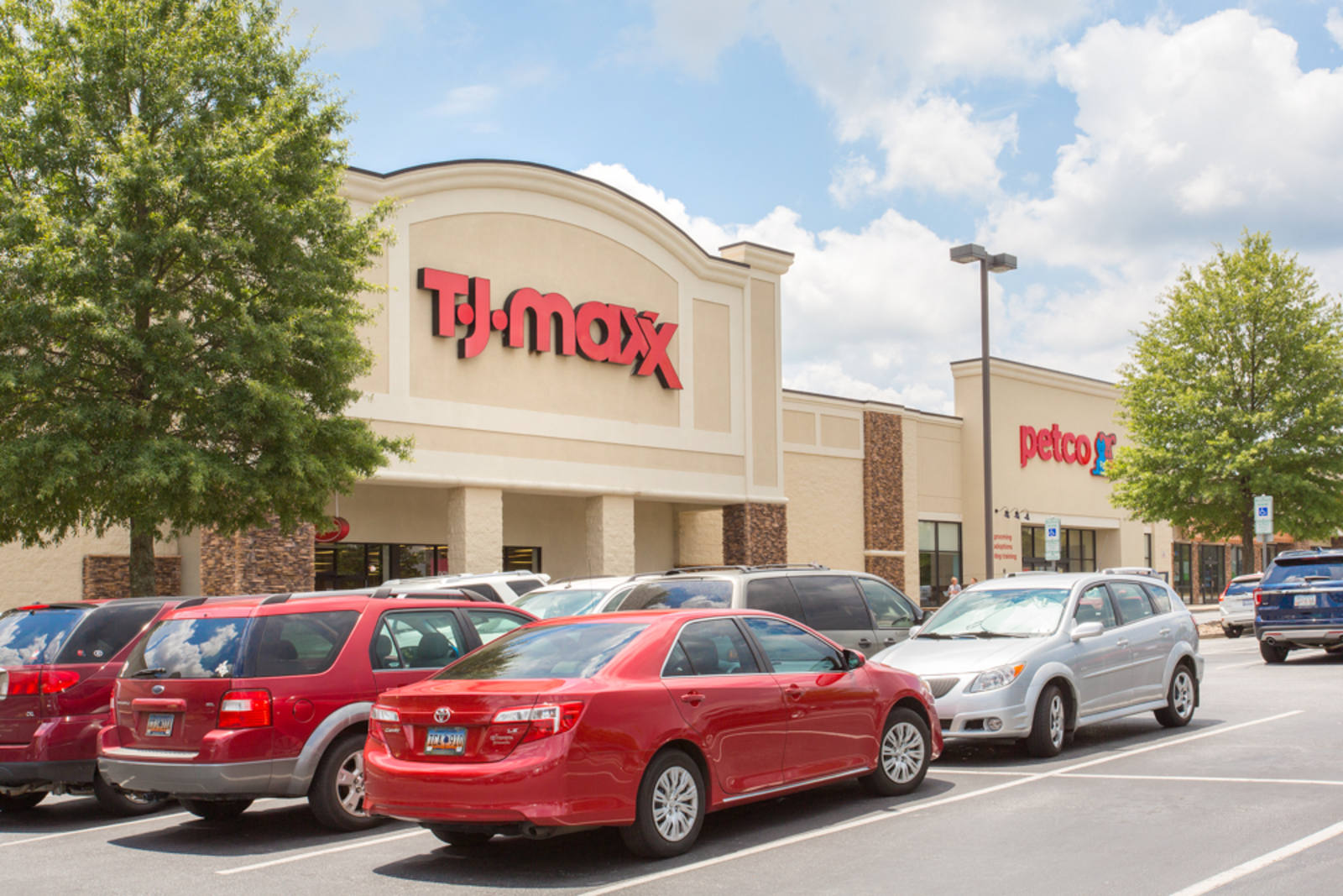Trees and cars at the parking lot for TJ Maxx and Petco in Simpsonville, SC.