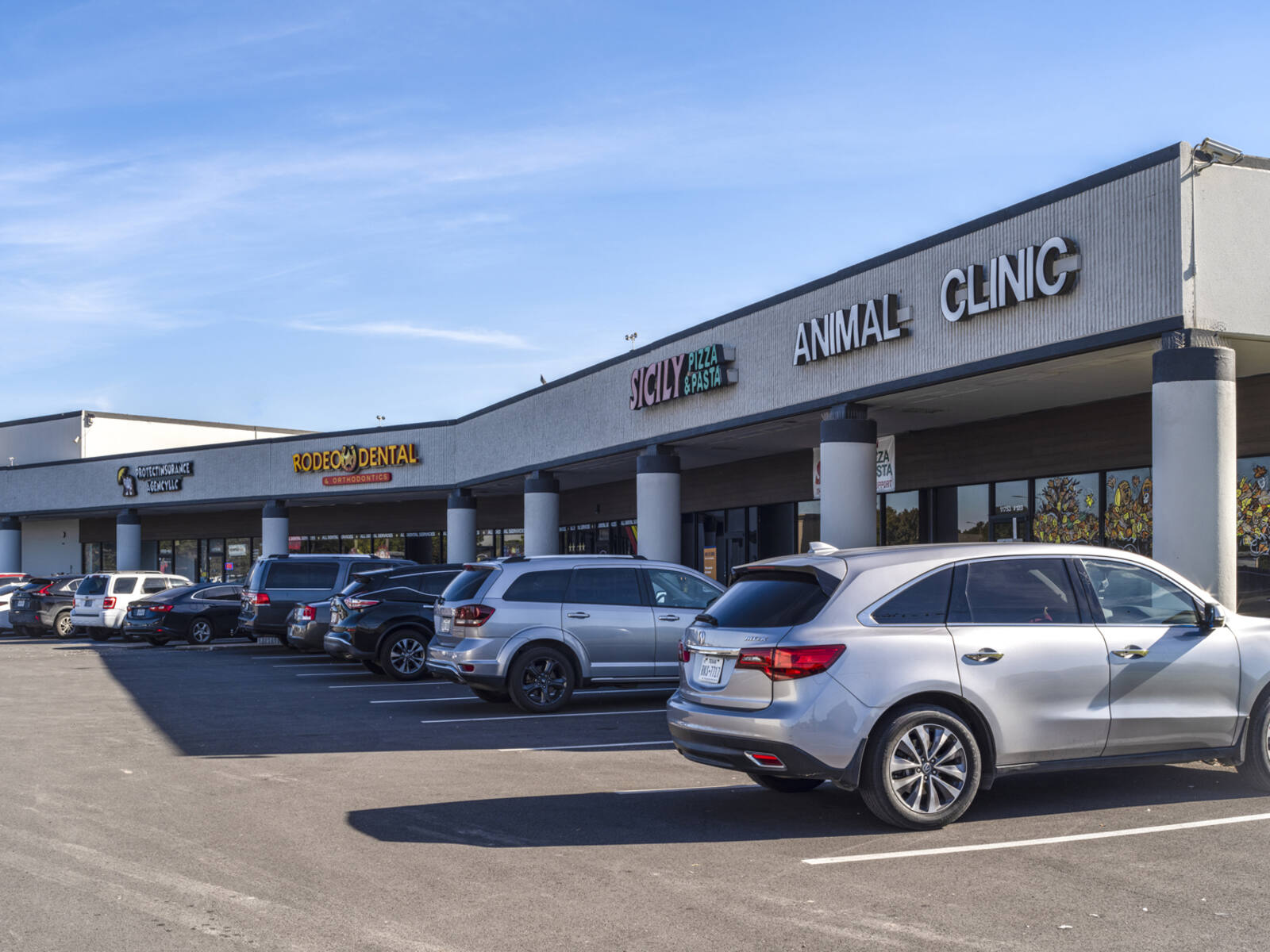 Rodeo Dental, Pizzeria and Animal Clinic with grey SUVs in parking lot.
