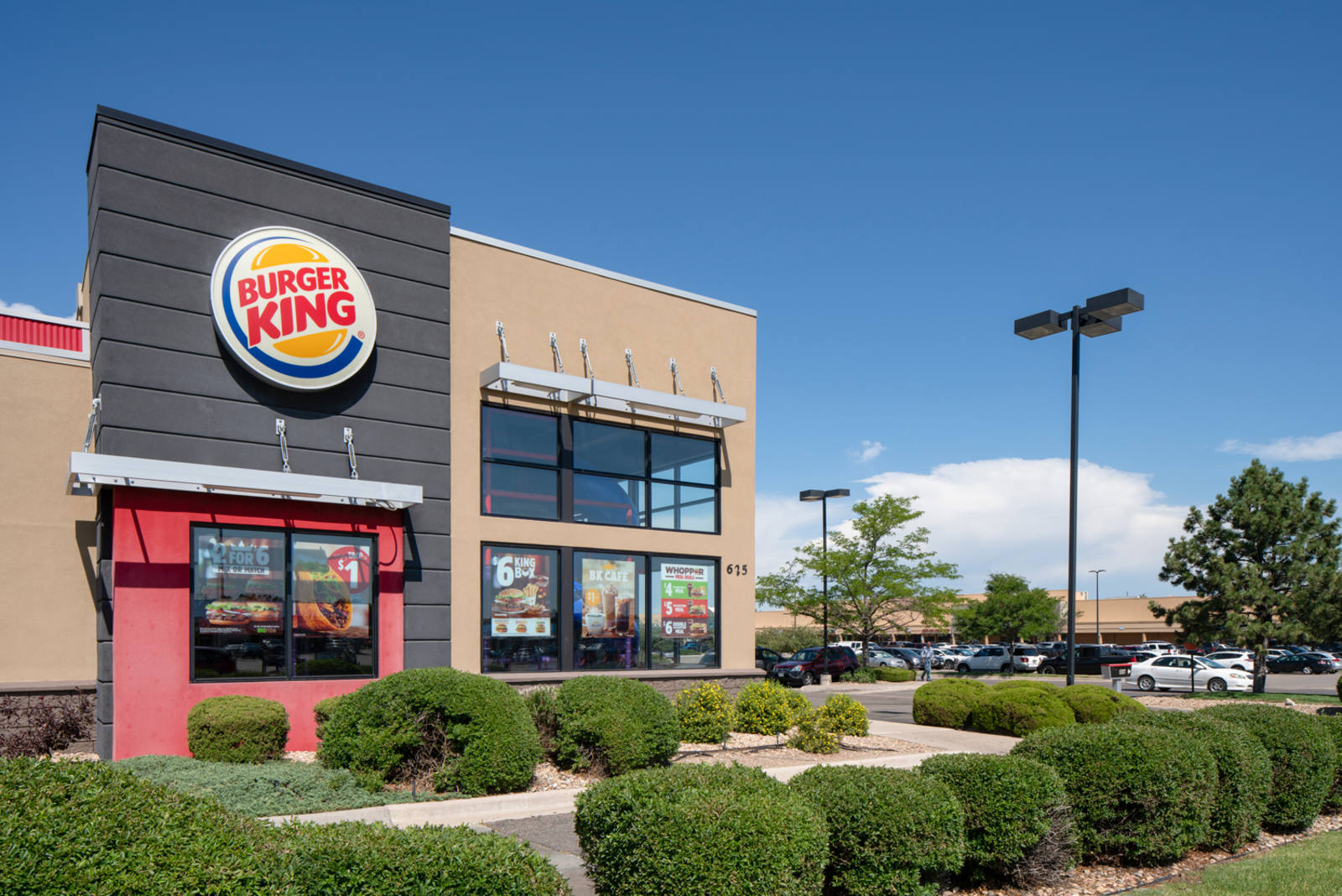 Shrubs and greenery in front of Burger King restaurant at Aurora Plaza.