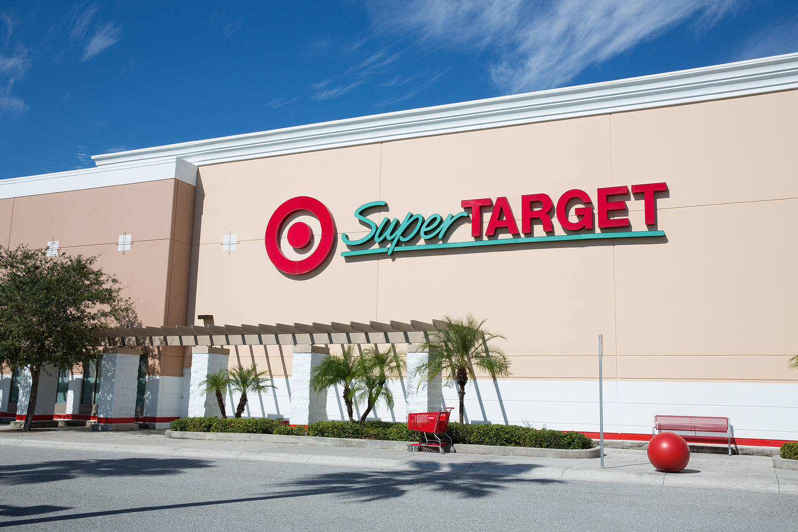 Royal Palm Beach, FL Super Target with small trees and palm trees in front.