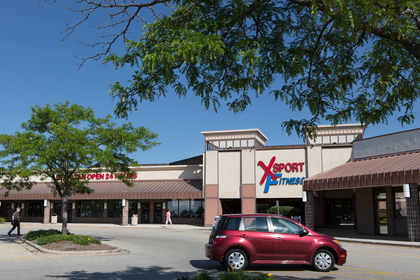 Tree hanging over red car in parking lot of Xport Fitness