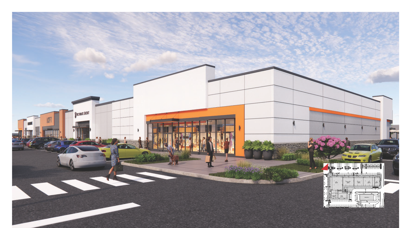 Corner perspective rendering of the Phase III redevelopment at Roosevelt Mall in Philadelphia, PA highlighting new multi‑tenant retail construction, landscaped sidewalks, and improved pedestrian connectivity.