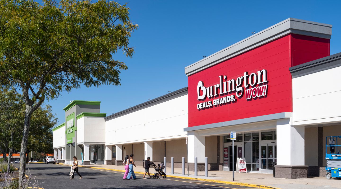 Burlington storefront at College Plaza in Selden, NY showcasing updated façade design, improved pedestrian access, and remerchandised anchor space following the shopping center redevelopment.