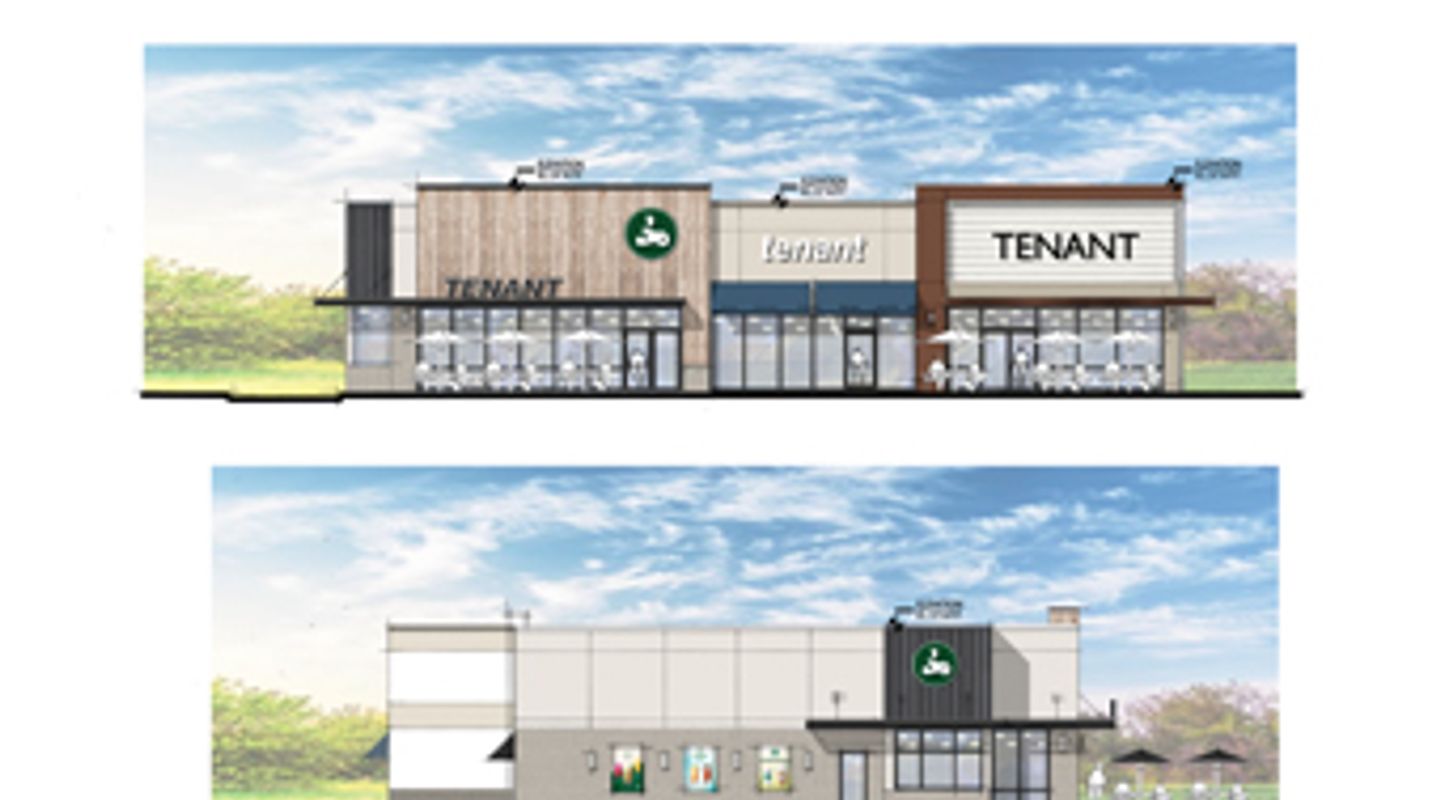 Architectural renderings of future tenant storefronts at Barn Plaza in Doylestown, PA, featuring contemporary materials, expanded glass storefronts, branding zones for retailers, and updated outdoor seating areas in both front and side elevation views.