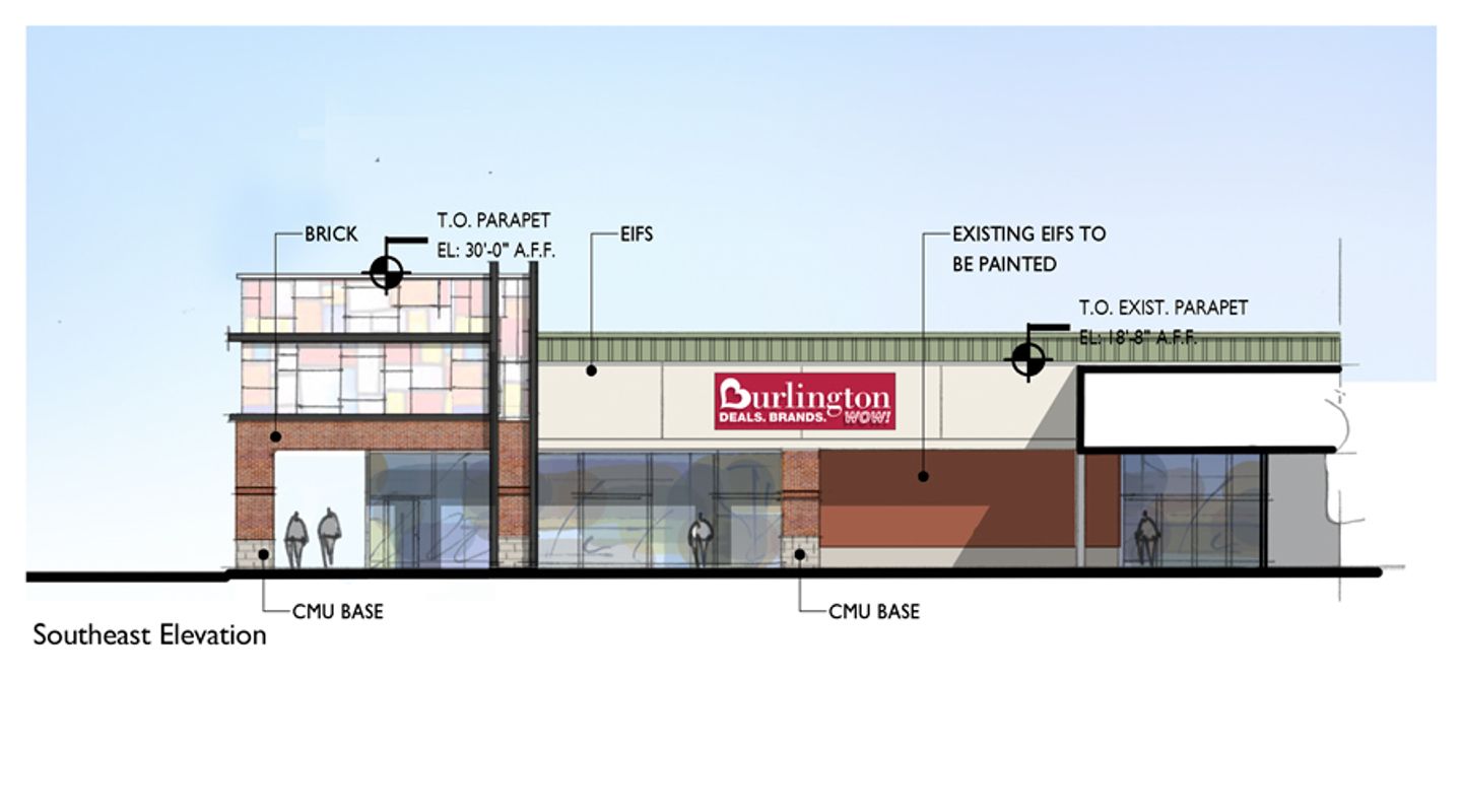 Architectural rendering of the updated Burlington storefront at Capitol Shopping Center in Concord, NH, showing redesigned façade materials including brick, clear glass storefronts, and parapet enhancements in the southeast elevation.