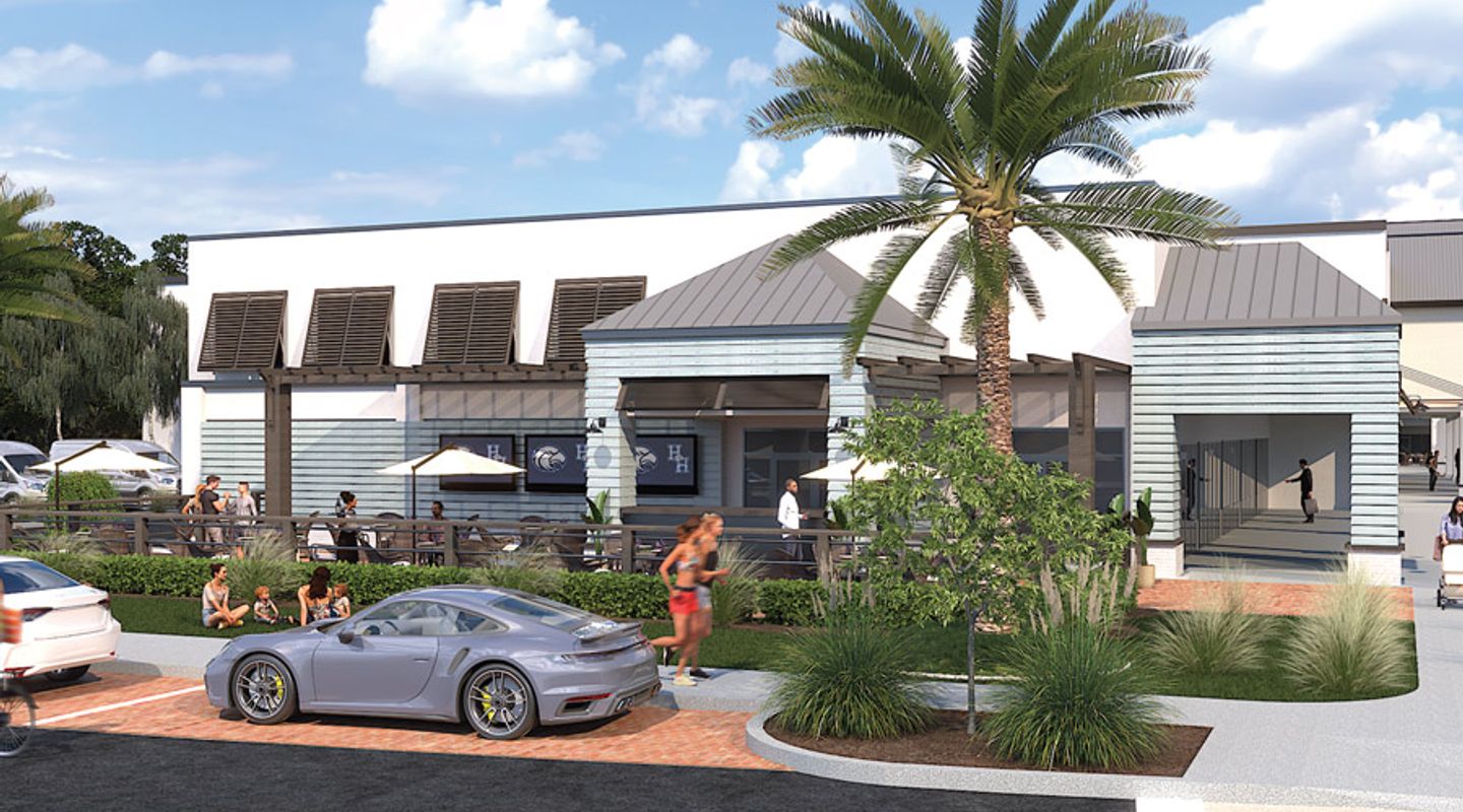 Rendering of an outdoor dining and retail area at Circle Center in Hilton Head Island, SC, featuring coastal‑style architecture with metal roofing, shaded patios, palm trees, landscaped walkways, and customer activity in front of the storefronts.