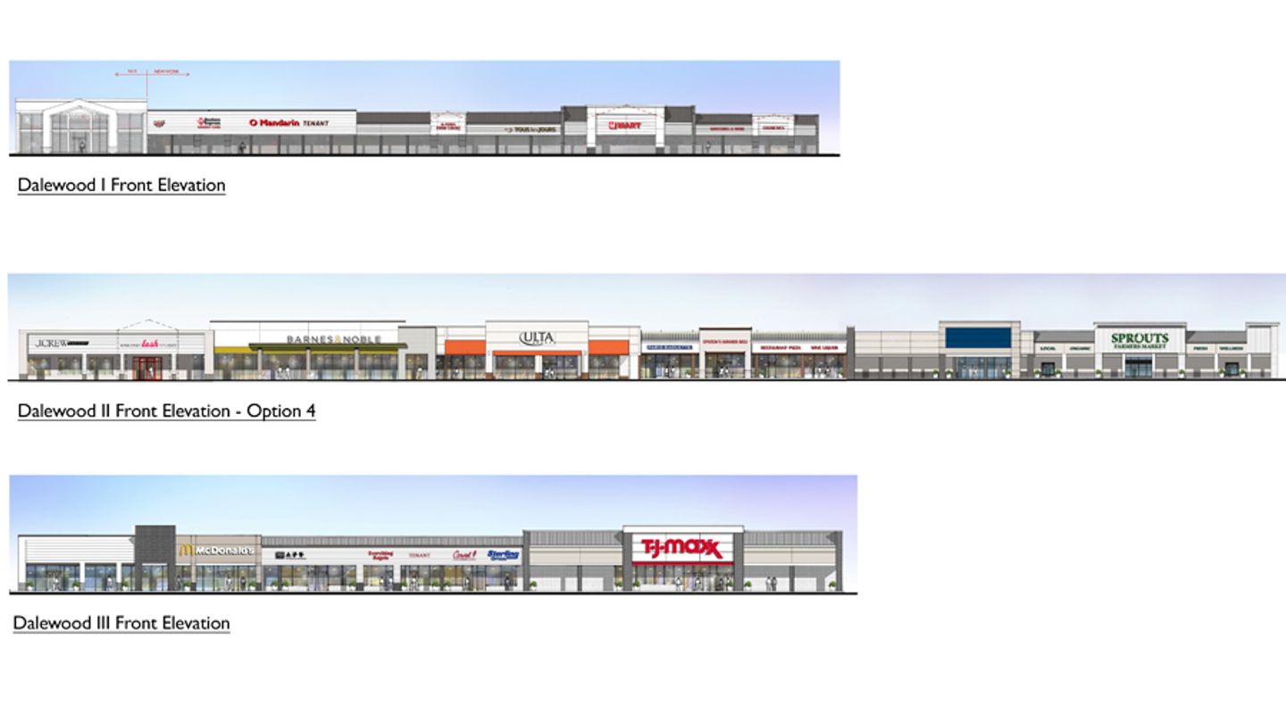 Architectural renderings of proposed front elevations for Dalewood Shopping Center in Hartsdale, NY, showing future storefront designs for multiple phases including retailers such as Barnes & Noble, Ulta Beauty, Sprouts Farmers Market, T.J.Maxx, McDonald’s, and other tenants, with updated façades, signage zones, and modernized building materials across three elevation options.