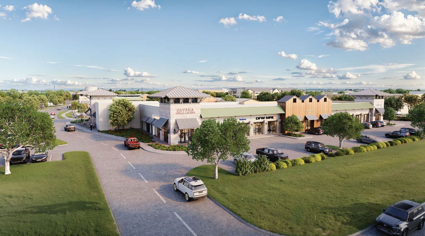 Aerial rendering of the Market Plaza redevelopment featuring newly constructed retail and restaurant buildings, upgraded architecture, enhanced landscaping, pedestrian walkways, outdoor gathering areas, and convenient surface parking within the revitalized shopping center.
