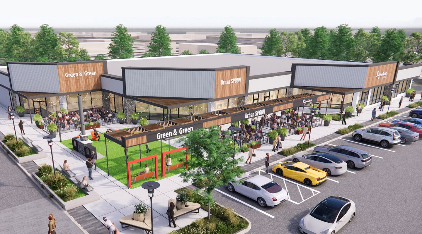 Aerial rendering of Morris Hills Shopping Center redevelopment featuring new restaurant and retail space with outdoor dining patios, landscaped gathering areas, pedestrian walkways, public seating, and improved parking designed to enhance the customer experience.