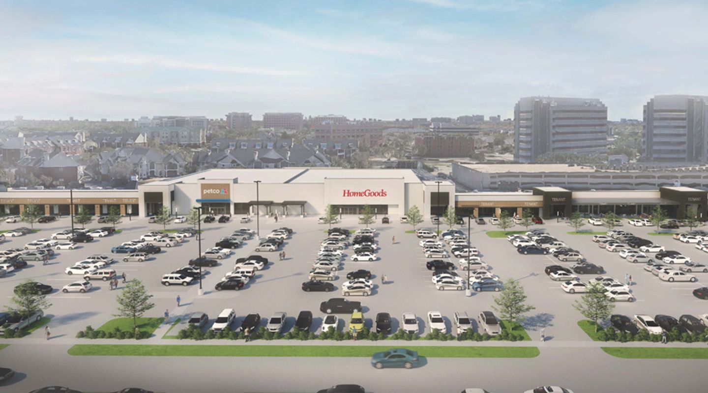 Aerial rendering of Preston Park Village in Plano, TX, featuring a large central parking field surrounded by major retailers including HomeGoods and Petco, landscaped drive aisles, and surrounding mid‑rise office and residential buildings in the background.