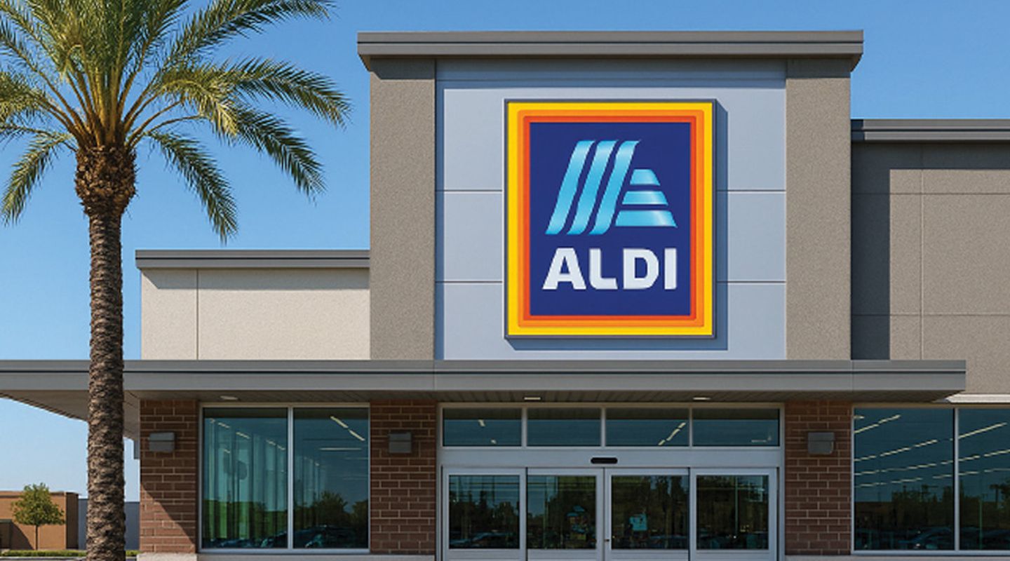 Sample image of an ALDI grocery storefront representing the planned tenant at Puente Hills Town Center in Rowland Heights, CA, featuring a contemporary façade with gray and brick materials, large entrance windows, and a palm tree positioned along the walkway.