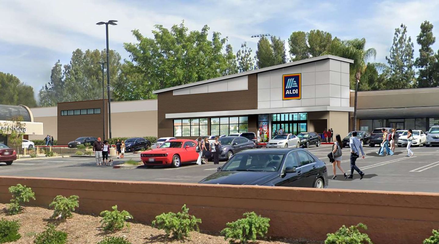Rendering of the exterior of an Aldi store to be built at Puente Hills 