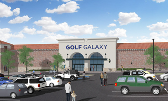 Rendering of Golf Galaxy at Westminster City Center in Westminster, CO, featuring a large modern entrance with arched storefront windows, decorative exterior lighting, brick façade detailing, landscaped walkways, and an active parking lot with multiple vehicles under a bright partly cloudy sky.