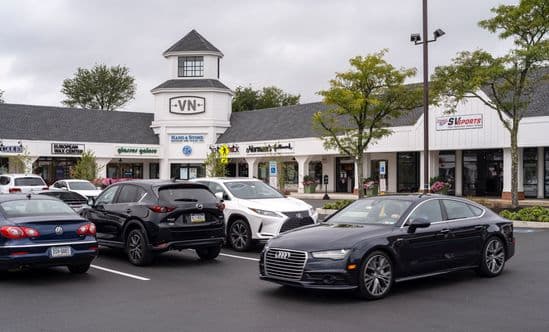Car driving in the foreground of a parking lot in an open air shopping center with small shop facades in the background