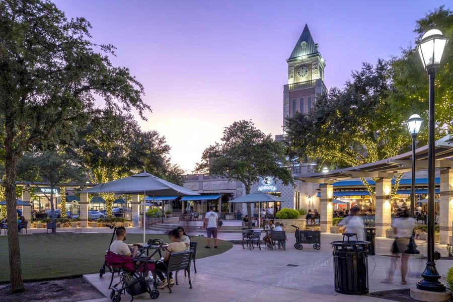 Dusk shot of the clocktower courtyard at LaCenterra at Cinco Ranch in Houston